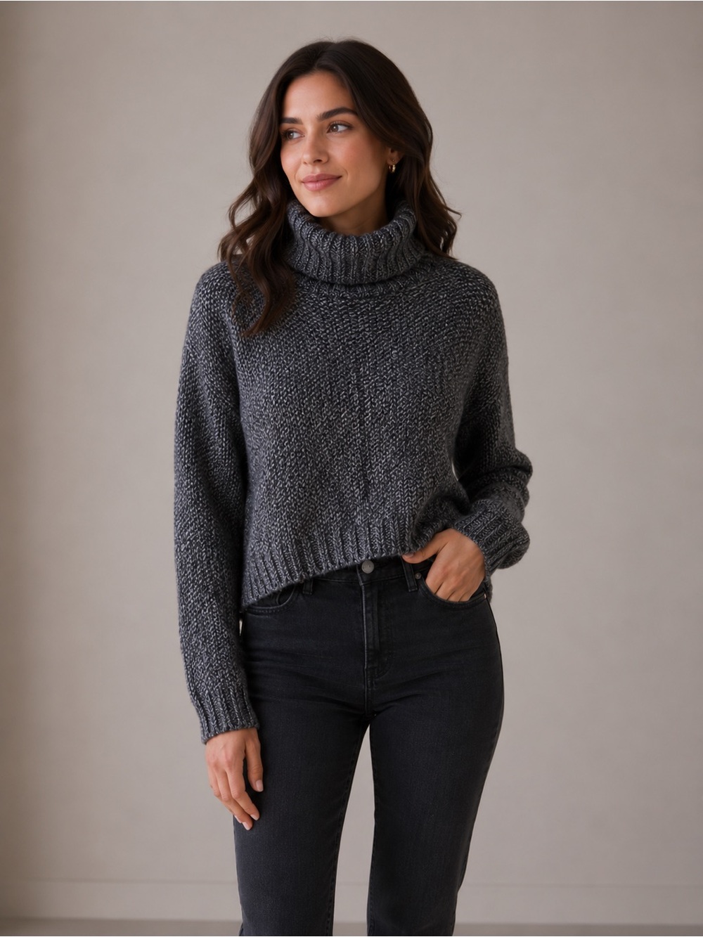 Elizabeth and James Charcoal Chunky Knit Crop Turtleneck Sweater Womens S